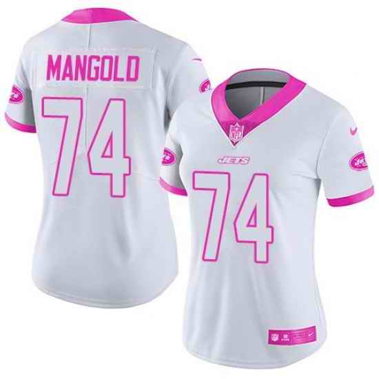 Nike Jets #74 Nick Mangold White Pink Womens Stitched NFL Limited Rush Fashion Jersey